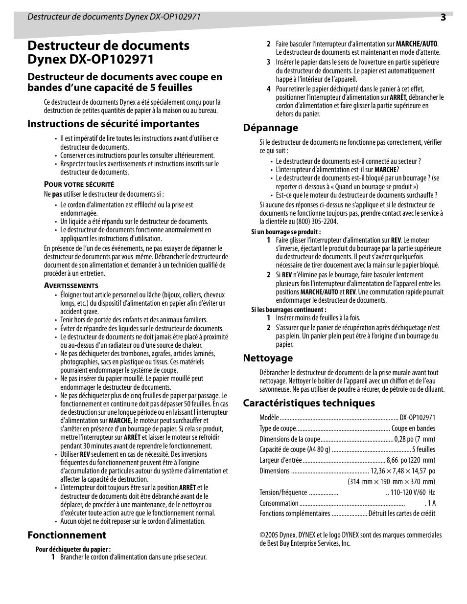 Instructions de sécurité importantes, Fonctionnement, Dépannage | Nettoyage, Caractéristiques techniques | Dynex DX-OP102971 User Manual | Page 3 / 5