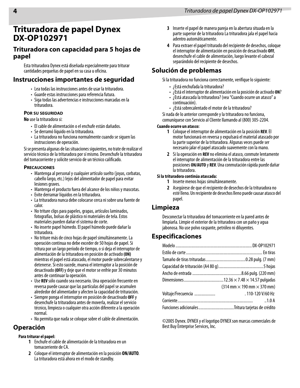 Trituradora con capacidad para 5 hojas de papel, Instrucciones importantes de seguridad, Operación | Solución de problemas, Limpieza, Especificaciones | Dynex DX-OP102971 User Manual | Page 4 / 5