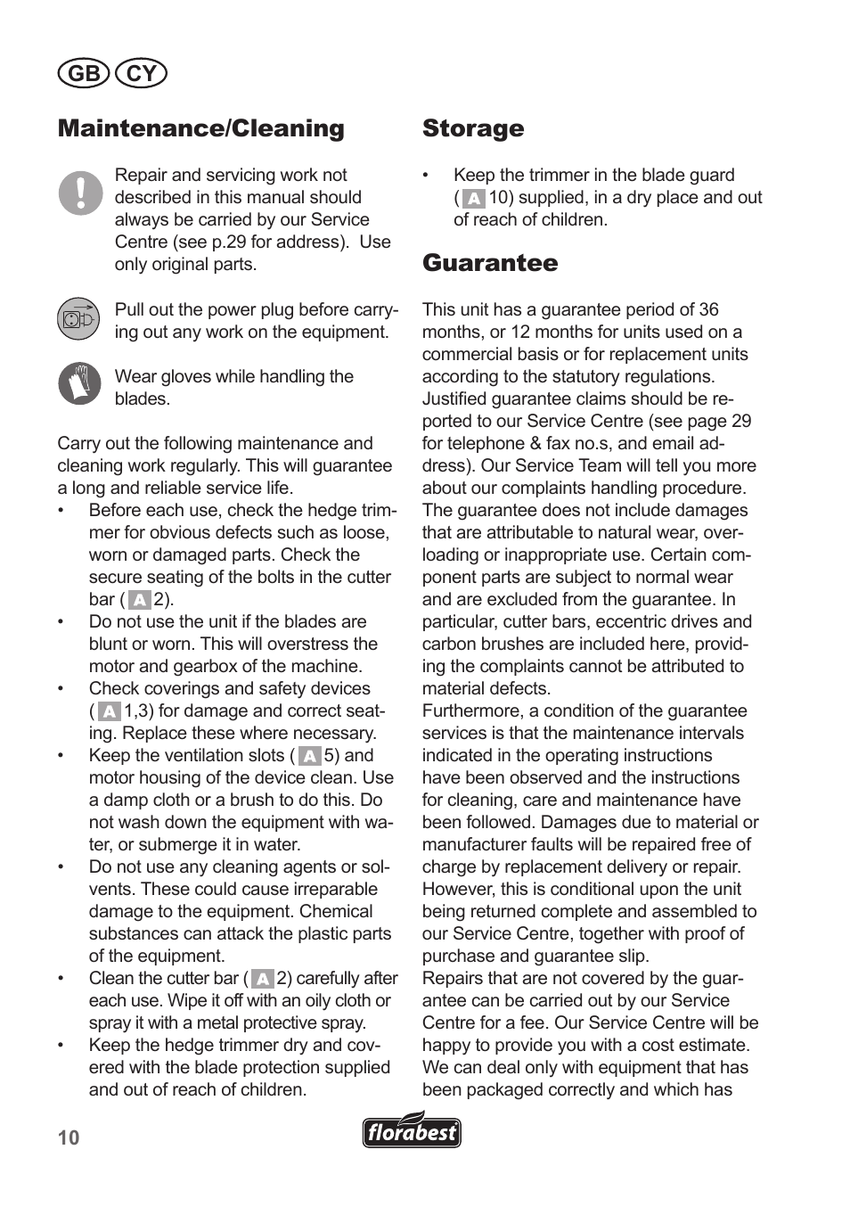 Maintenance/cleaning, Storage, Guarantee | Gb cy | Florabest FHT 600 B2 User Manual | Page 10 / 30