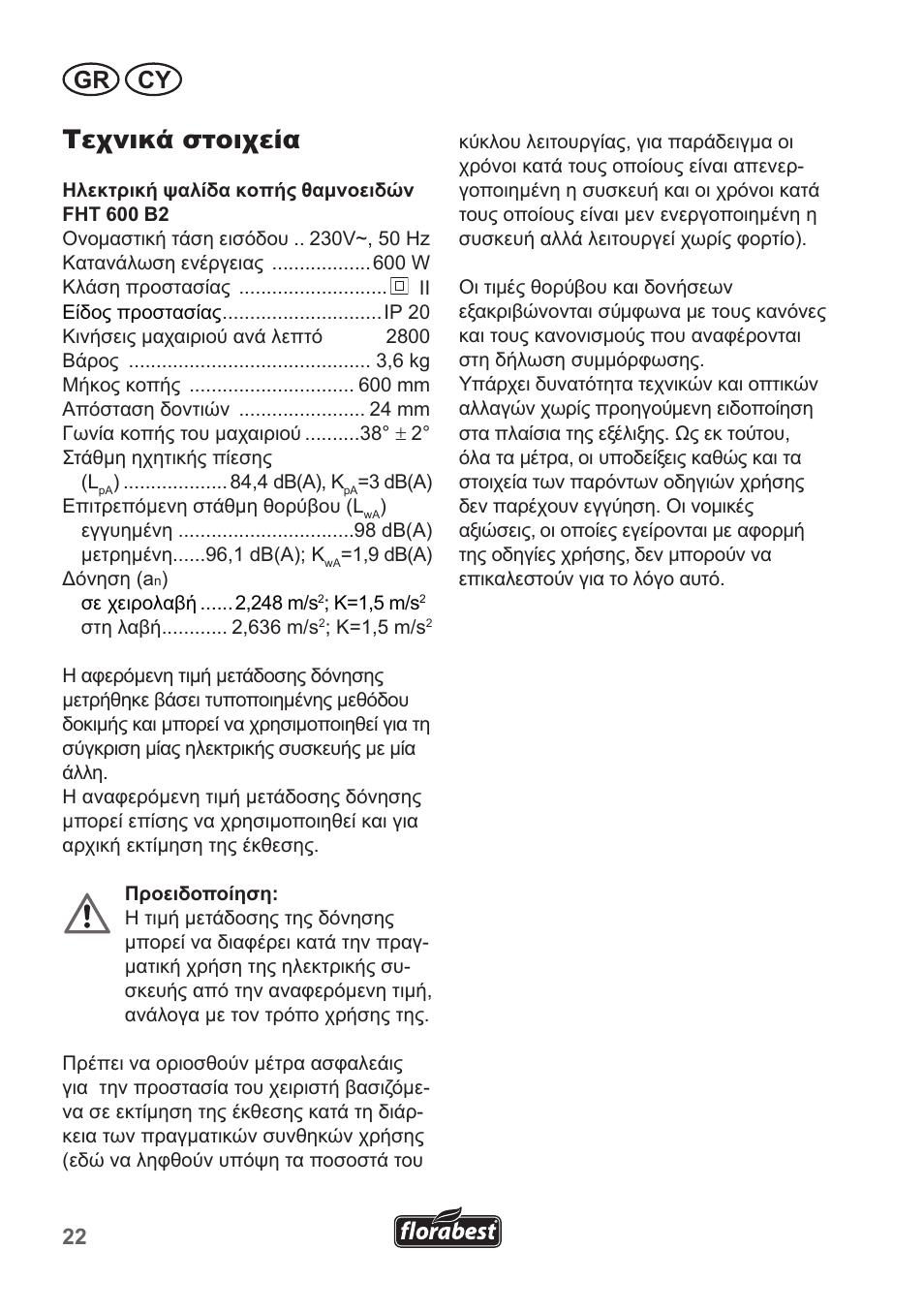 Τεχνικά στοιχεία, Gr cy | Florabest FHT 600 B2 User Manual | Page 22 / 30