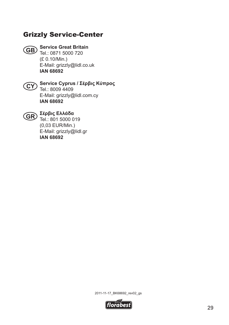 Grizzly service-center, Gb cy gr | Florabest FHT 600 B2 User Manual | Page 29 / 30