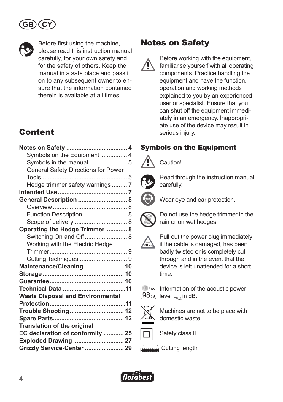 Content, Gb cy | Florabest FHT 600 B2 User Manual | Page 4 / 30