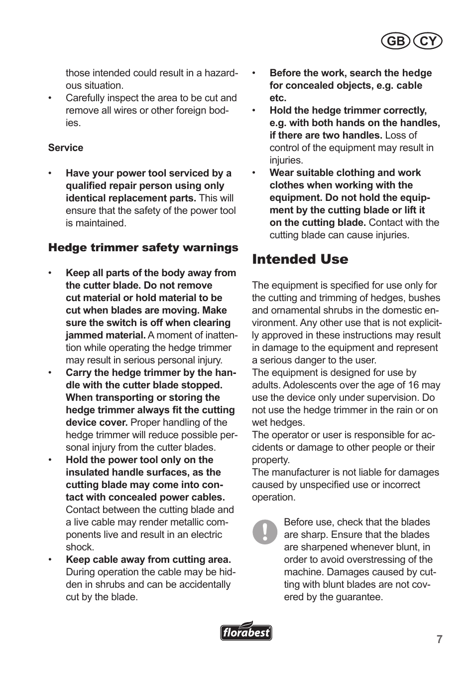 Intended use, Gb cy | Florabest FHT 600 B2 User Manual | Page 7 / 30