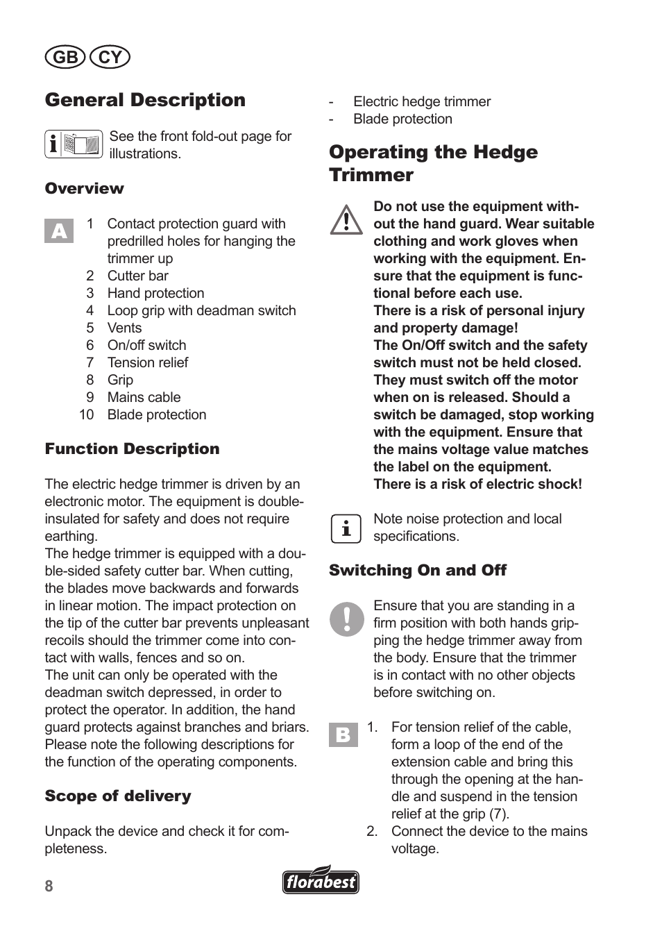 General description, Operating the hedge trimmer, Gb cy | Florabest FHT 600 B2 User Manual | Page 8 / 30