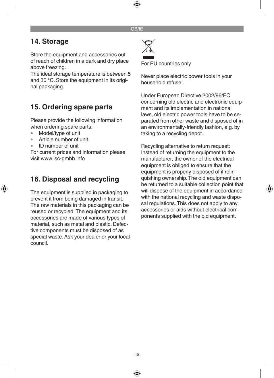 Storage, Ordering spare parts, Disposal and recycling | Florabest FGP 1000 A1 User Manual | Page 10 / 18