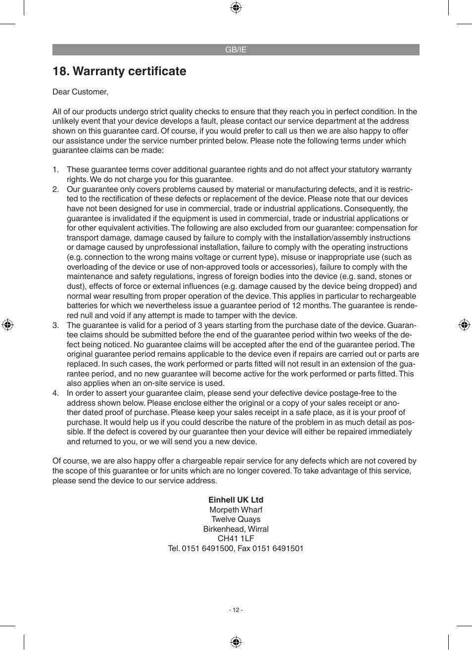 Warranty certificate | Florabest FGP 1000 A1 User Manual | Page 12 / 18