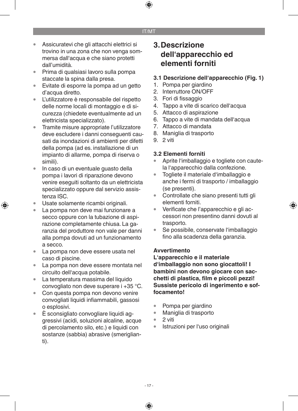 Descrizione dell‘apparecchio ed elementi forniti | Florabest FGP 1000 A1 User Manual | Page 17 / 58