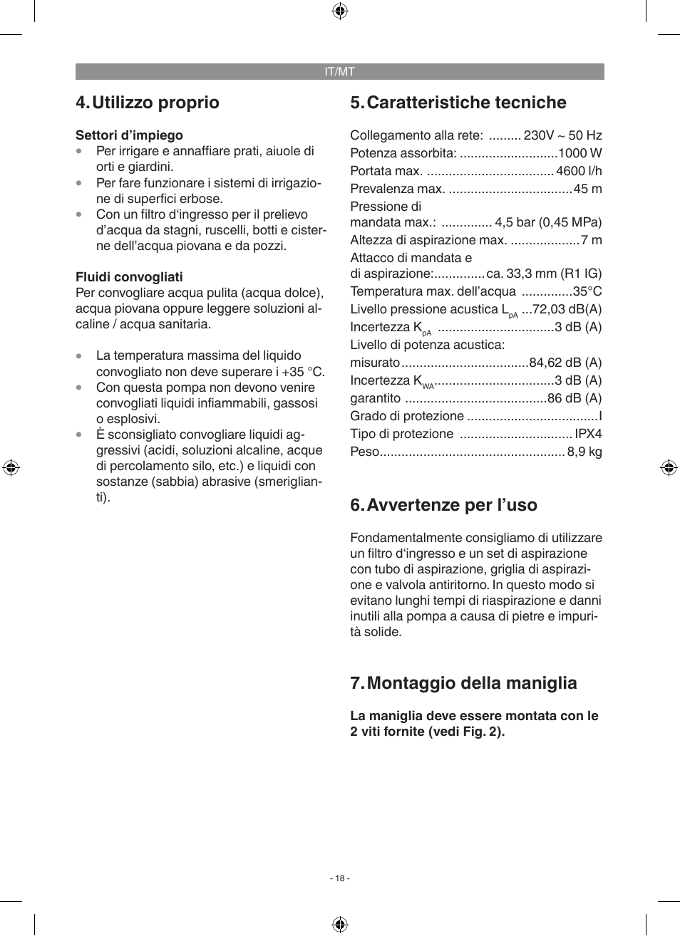 Utilizzo proprio, Caratteristiche tecniche, Avvertenze per l’uso | Montaggio della maniglia | Florabest FGP 1000 A1 User Manual | Page 18 / 58