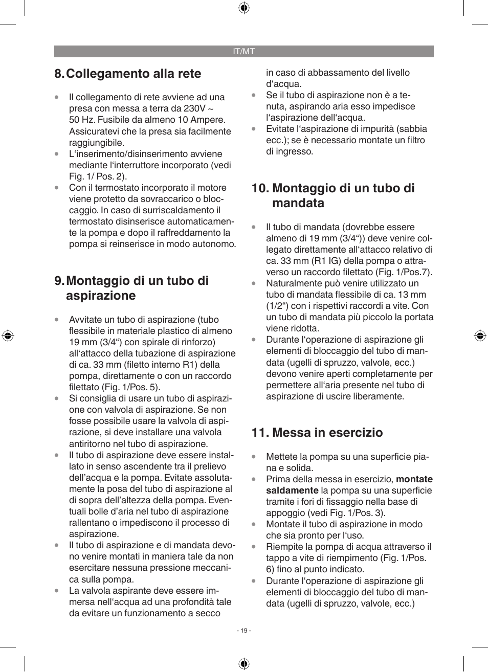 Collegamento alla rete, Montaggio di un tubo di aspirazione, Montaggio di un tubo di mandata | Messa in esercizio | Florabest FGP 1000 A1 User Manual | Page 19 / 58