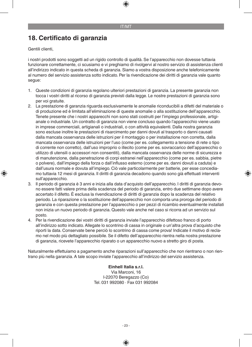 Certificato di garanzia | Florabest FGP 1000 A1 User Manual | Page 23 / 58