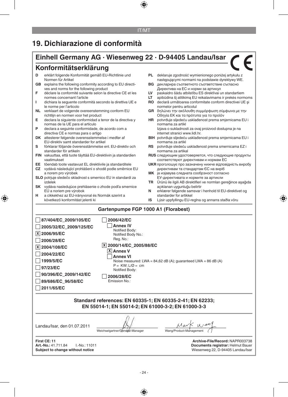 Dichiarazione di conformità, Konformitätserklärung | Florabest FGP 1000 A1 User Manual | Page 24 / 58