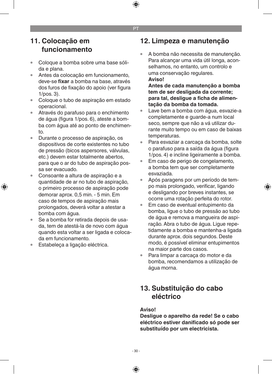 Colocação em funcionamento, Limpeza e manutenção, Substituição do cabo eléctrico | Florabest FGP 1000 A1 User Manual | Page 30 / 58
