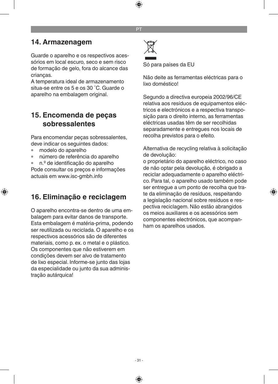 Armazenagem, Encomenda de peças sobressalentes, Eliminação e reciclagem | Florabest FGP 1000 A1 User Manual | Page 31 / 58