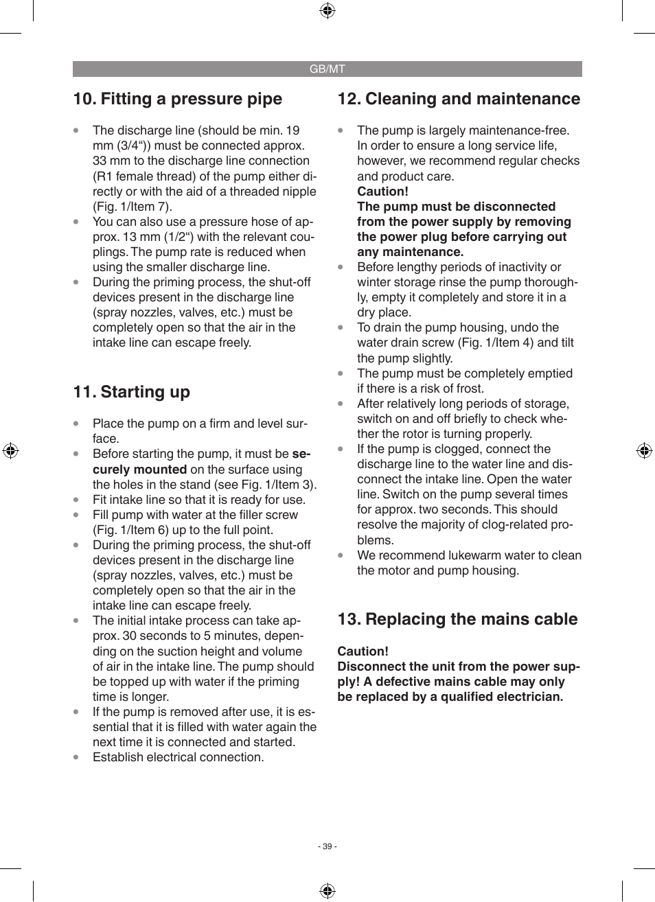 Fitting a pressure pipe, Starting up, Cleaning and maintenance | Replacing the mains cable | Florabest FGP 1000 A1 User Manual | Page 39 / 58