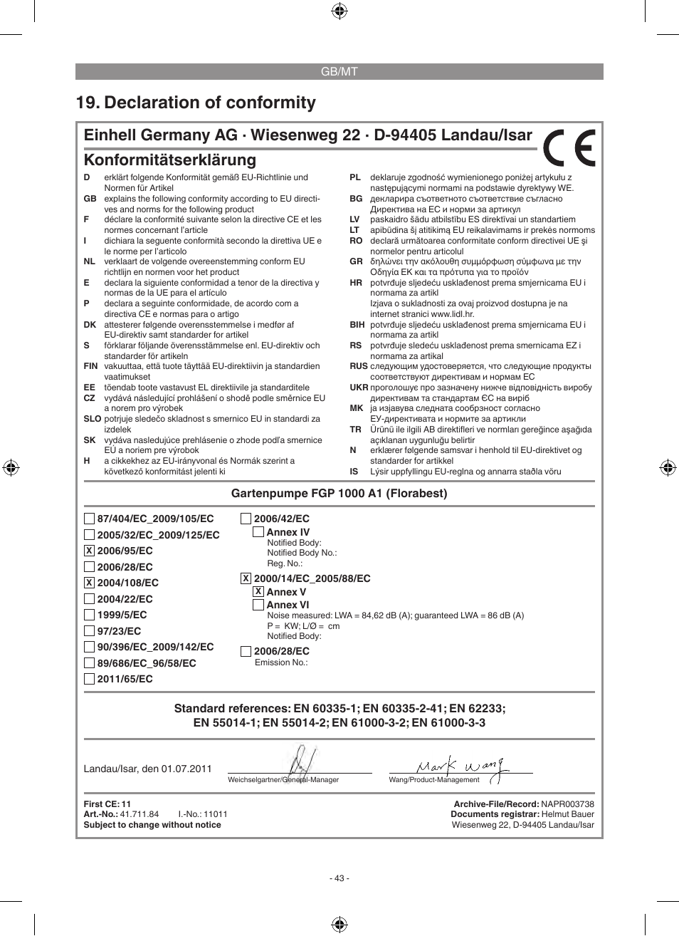 Declaration of conformity, Konformitätserklärung | Florabest FGP 1000 A1 User Manual | Page 43 / 58