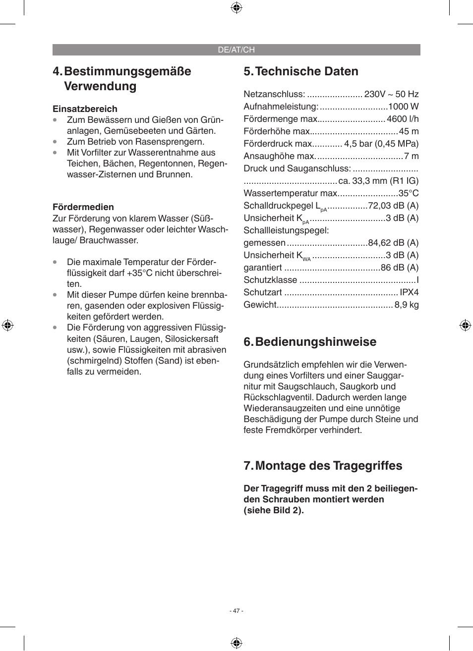 Bestimmungsgemäße verwendung, Technische daten, Bedienungshinweise | Montage des tragegriffes | Florabest FGP 1000 A1 User Manual | Page 47 / 58