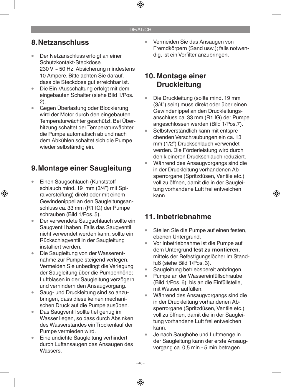 Netzanschluss, Montage einer saugleitung, Montage einer druckleitung | Inbetriebnahme | Florabest FGP 1000 A1 User Manual | Page 48 / 58