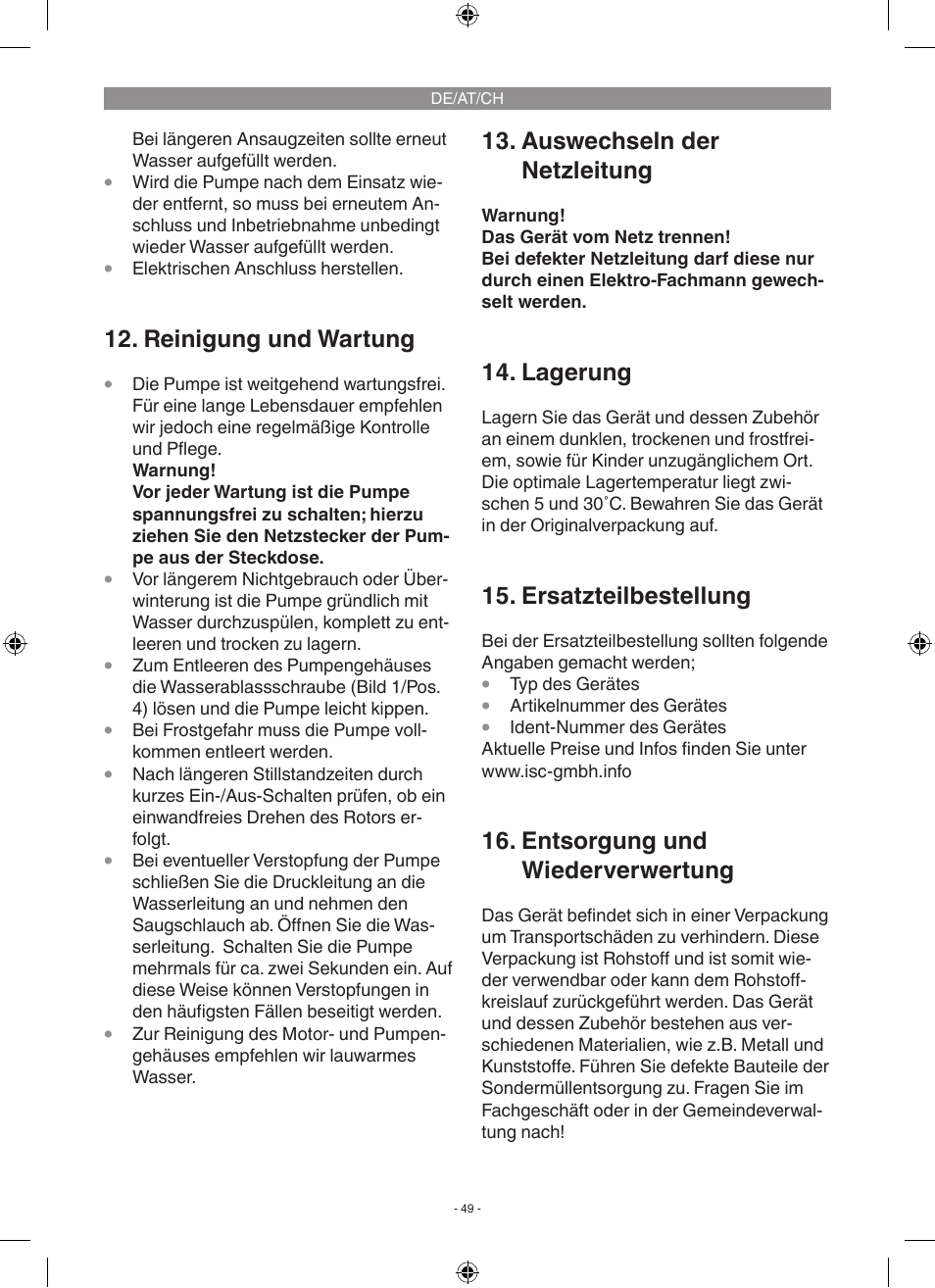 Reinigung und wartung, Auswechseln der netzleitung, Lagerung | Ersatzteilbestellung, Entsorgung und wiederverwertung | Florabest FGP 1000 A1 User Manual | Page 49 / 58