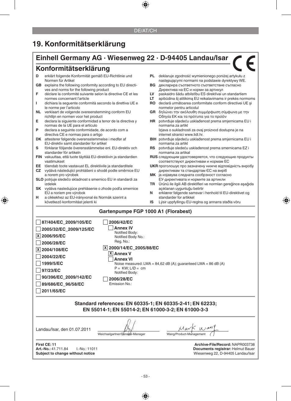 Konformitätserklärung | Florabest FGP 1000 A1 User Manual | Page 53 / 58