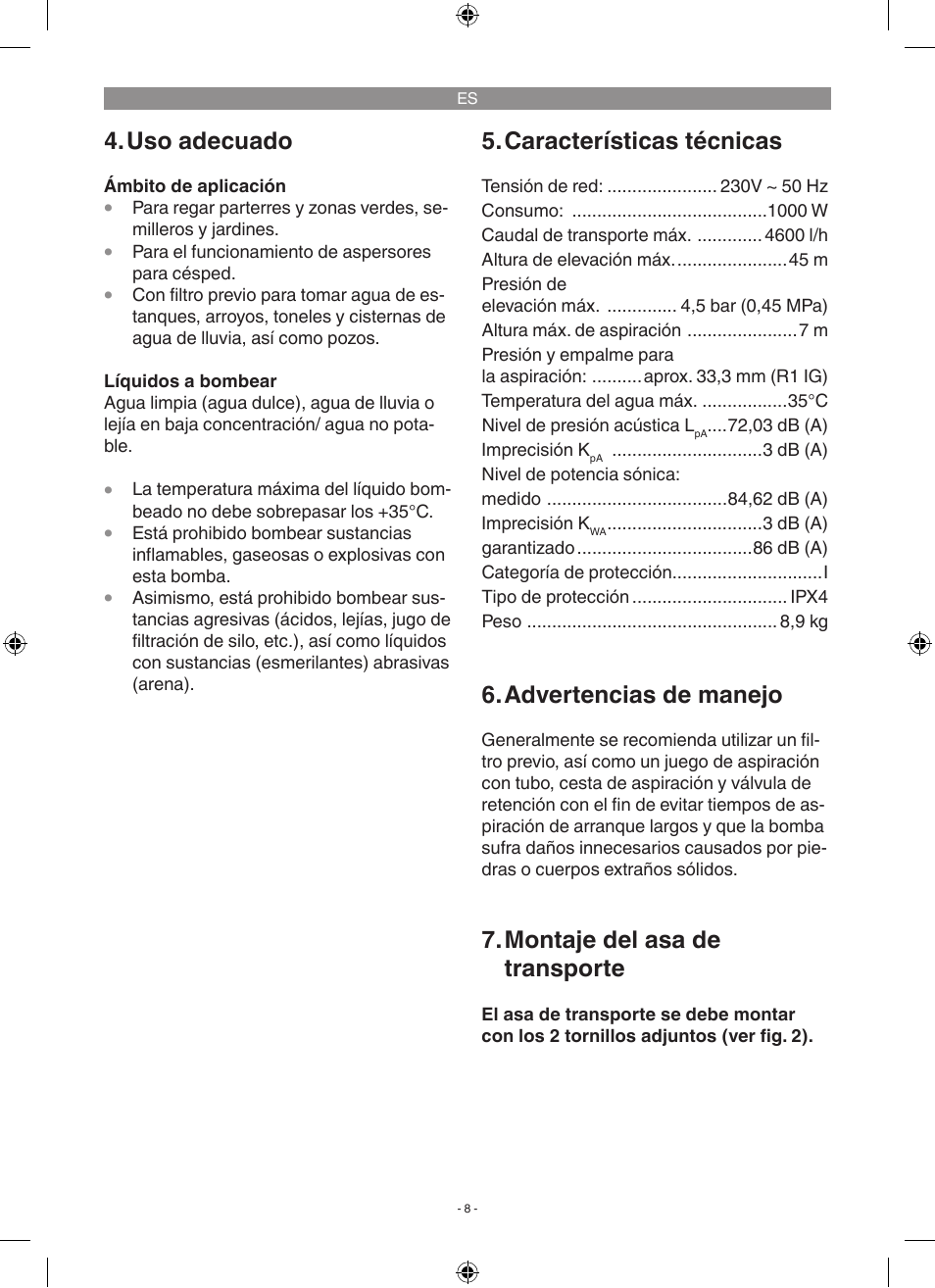 Uso adecuado, Características técnicas, Advertencias de manejo | Montaje del asa de transporte | Florabest FGP 1000 A1 User Manual | Page 8 / 58