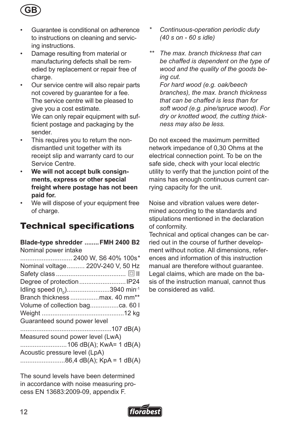 Technical specifications | Florabest FMH 2400 B2 User Manual | Page 12 / 81