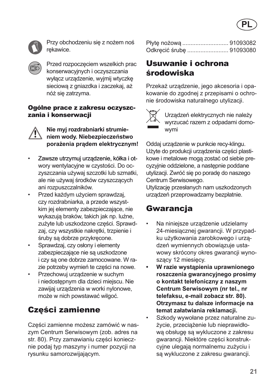 Części zamienne, Usuwanie i ochrona środowiska, Gwarancja | Florabest FMH 2400 B2 User Manual | Page 21 / 81