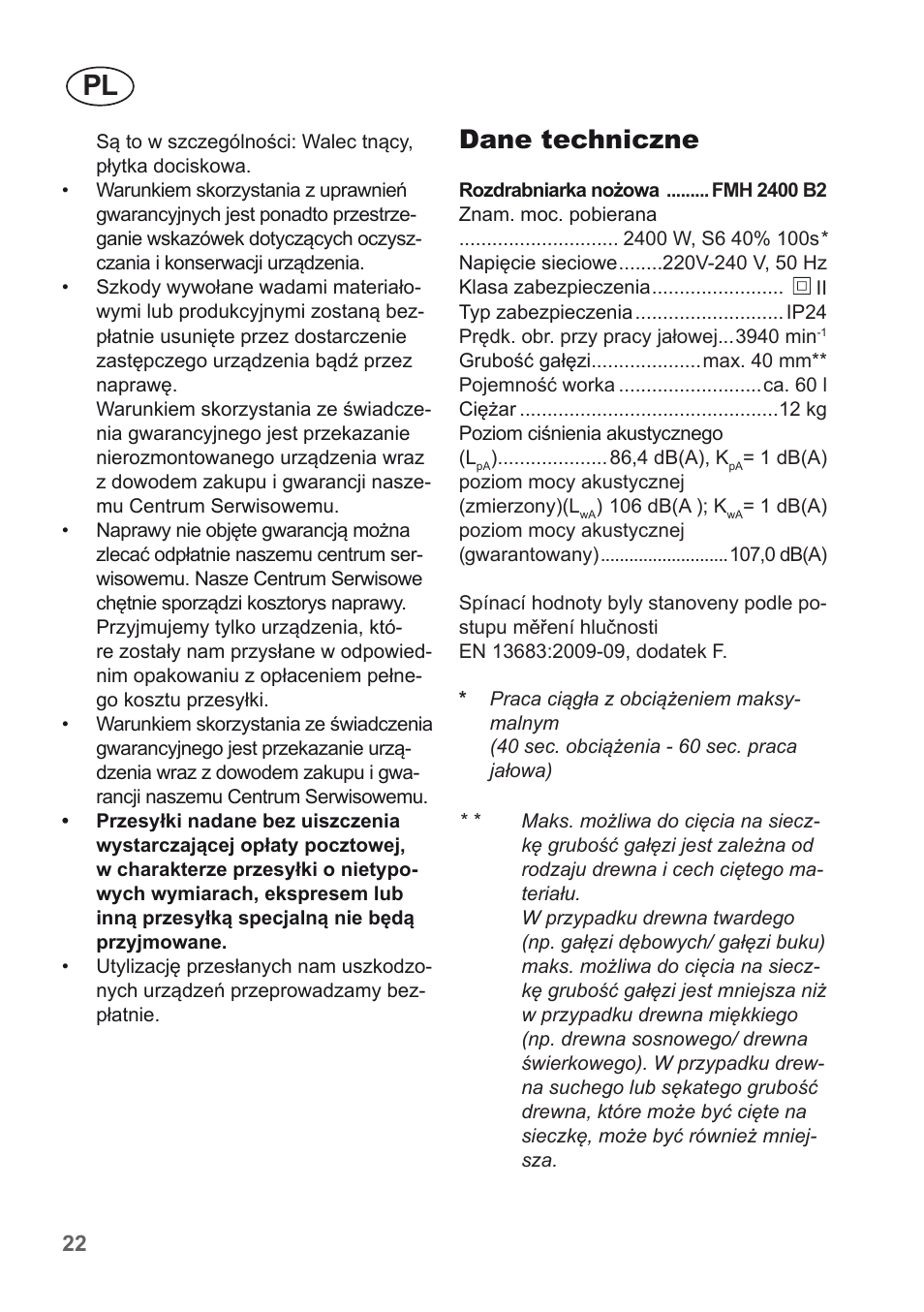 Dane techniczne | Florabest FMH 2400 B2 User Manual | Page 22 / 81