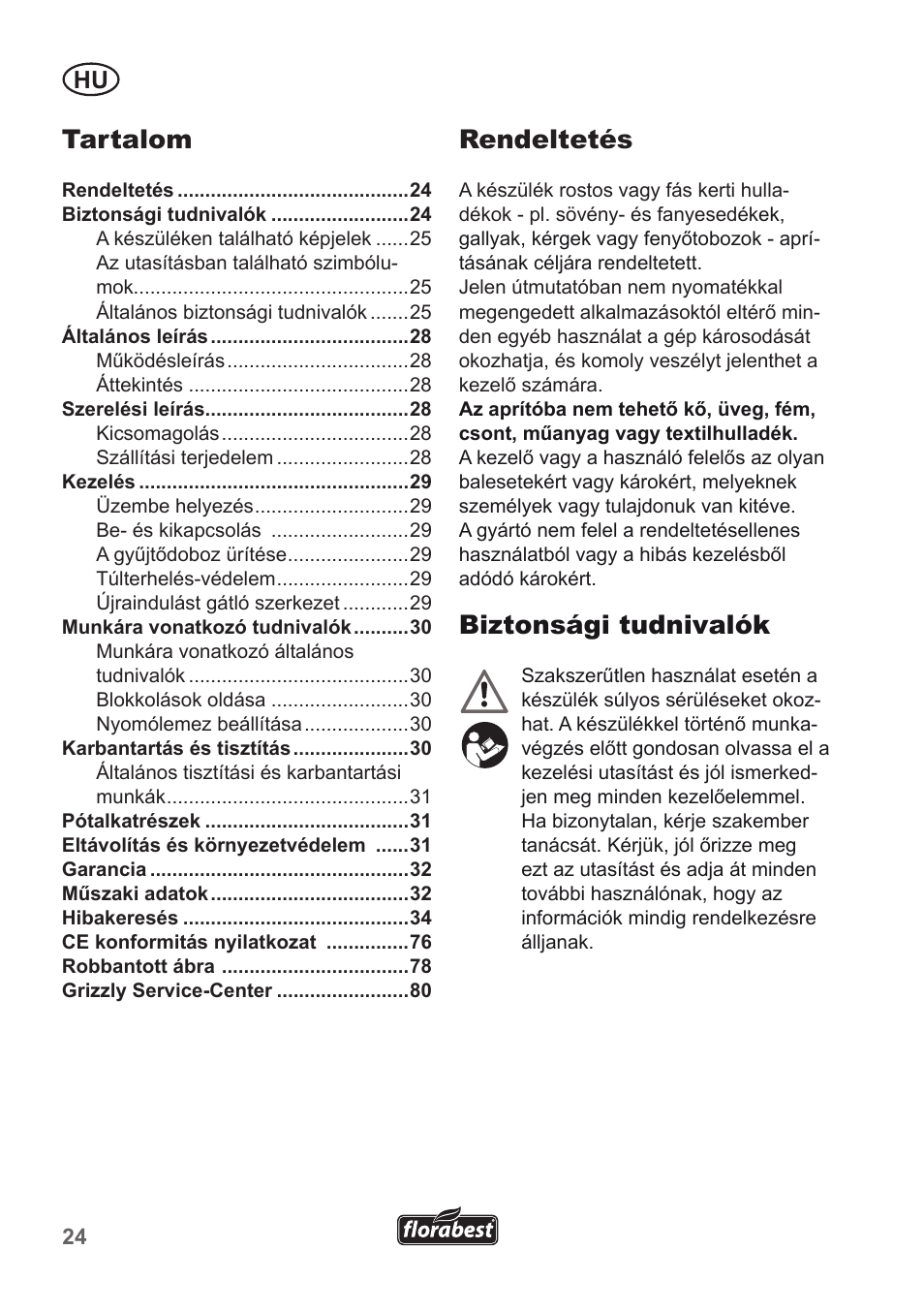 Rendeltetés, Biztonsági tudnivalók, Tartalom | Florabest FMH 2400 B2 User Manual | Page 24 / 81