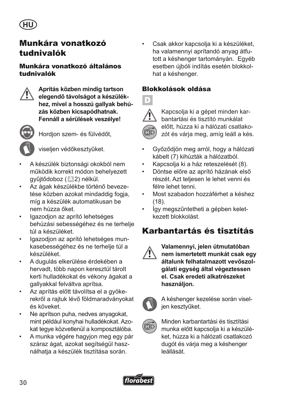 Munkára vonatkozó tudnivalók, Karbantartás és tisztítás | Florabest FMH 2400 B2 User Manual | Page 30 / 81