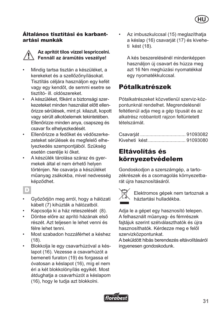 Pótalkatrészek, Eltávolítás és környezetvédelem | Florabest FMH 2400 B2 User Manual | Page 31 / 81