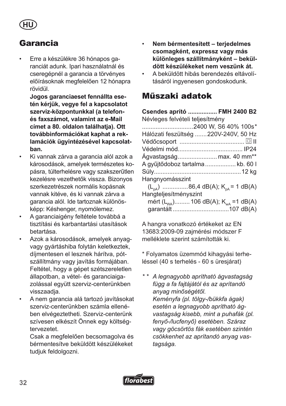 Garancia, Műszaki adatok | Florabest FMH 2400 B2 User Manual | Page 32 / 81