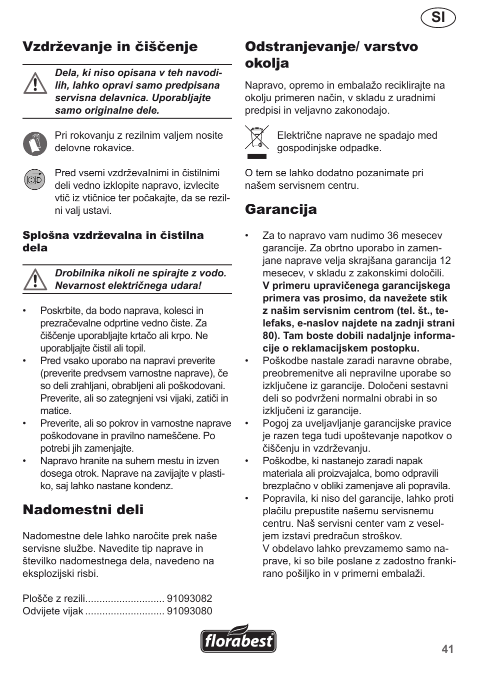 Vzdrževanje in čiščenje, Nadomestni deli, Odstranjevanje/ varstvo okolja | Garancija | Florabest FMH 2400 B2 User Manual | Page 41 / 81