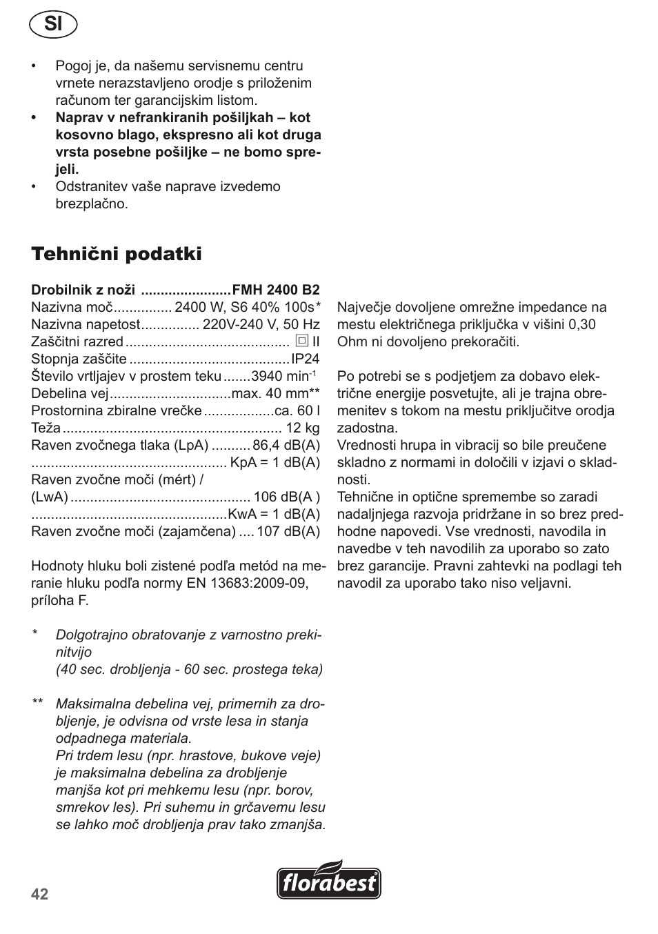 Tehnični podatki | Florabest FMH 2400 B2 User Manual | Page 42 / 81
