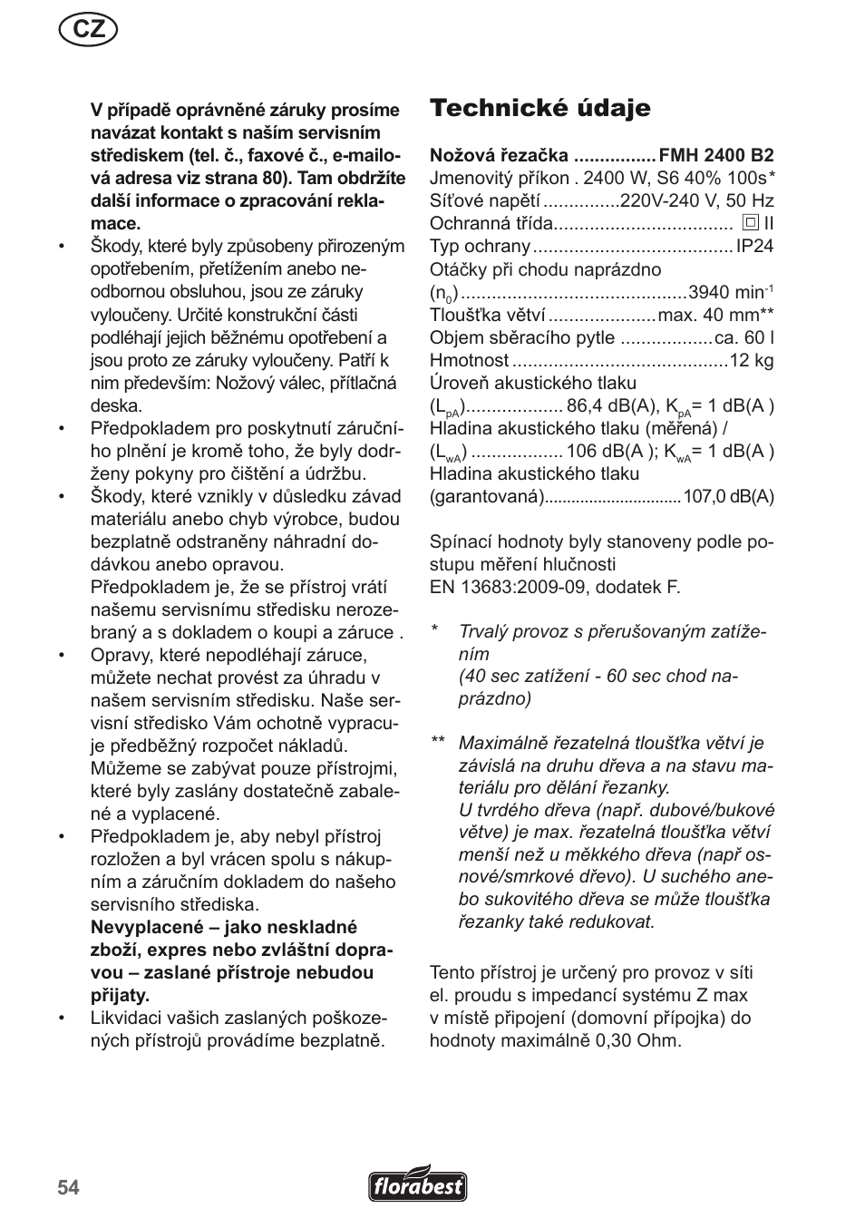 Technické údaje | Florabest FMH 2400 B2 User Manual | Page 54 / 81