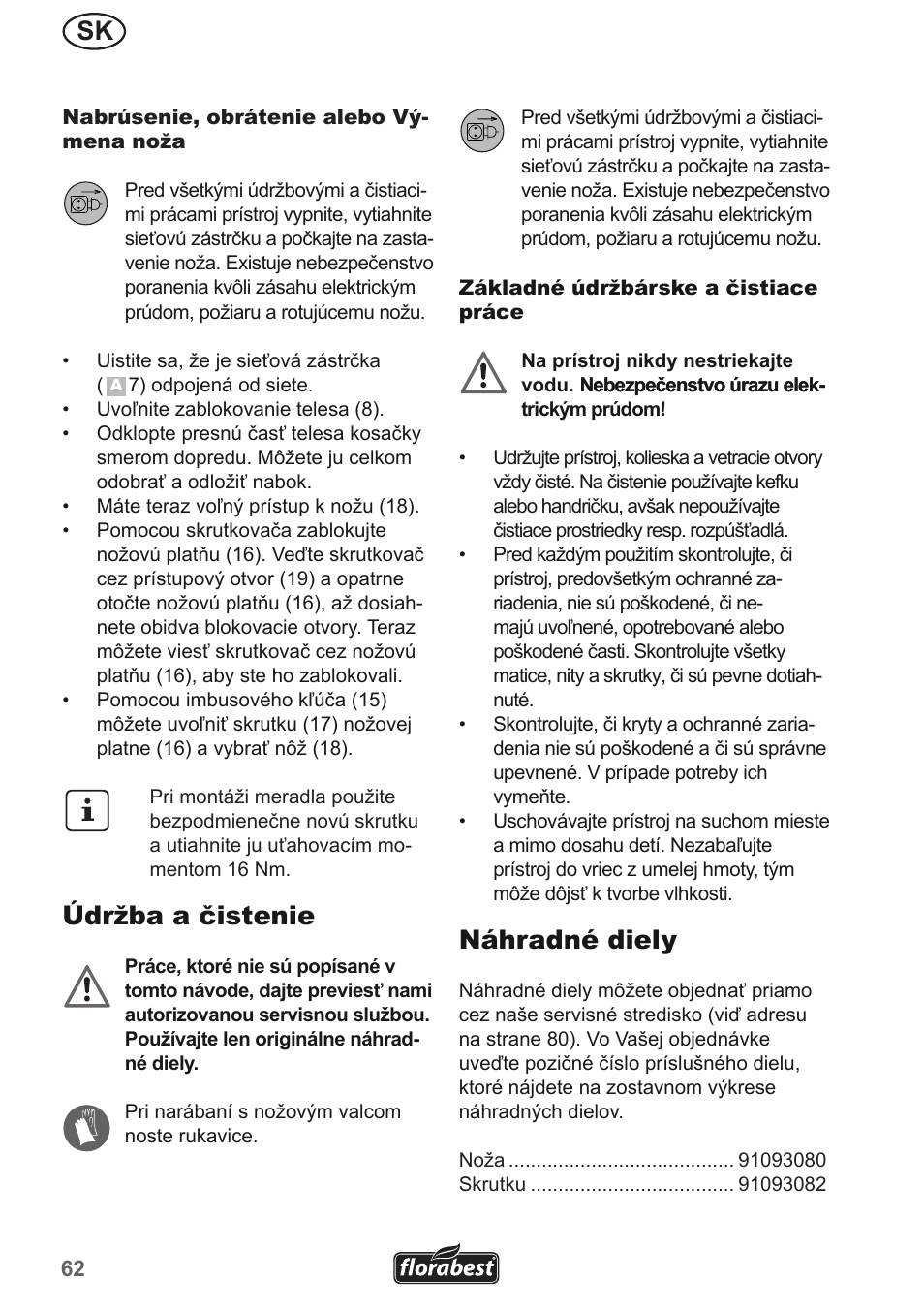 Údržba a čistenie, Náhradné diely | Florabest FMH 2400 B2 User Manual | Page 62 / 81