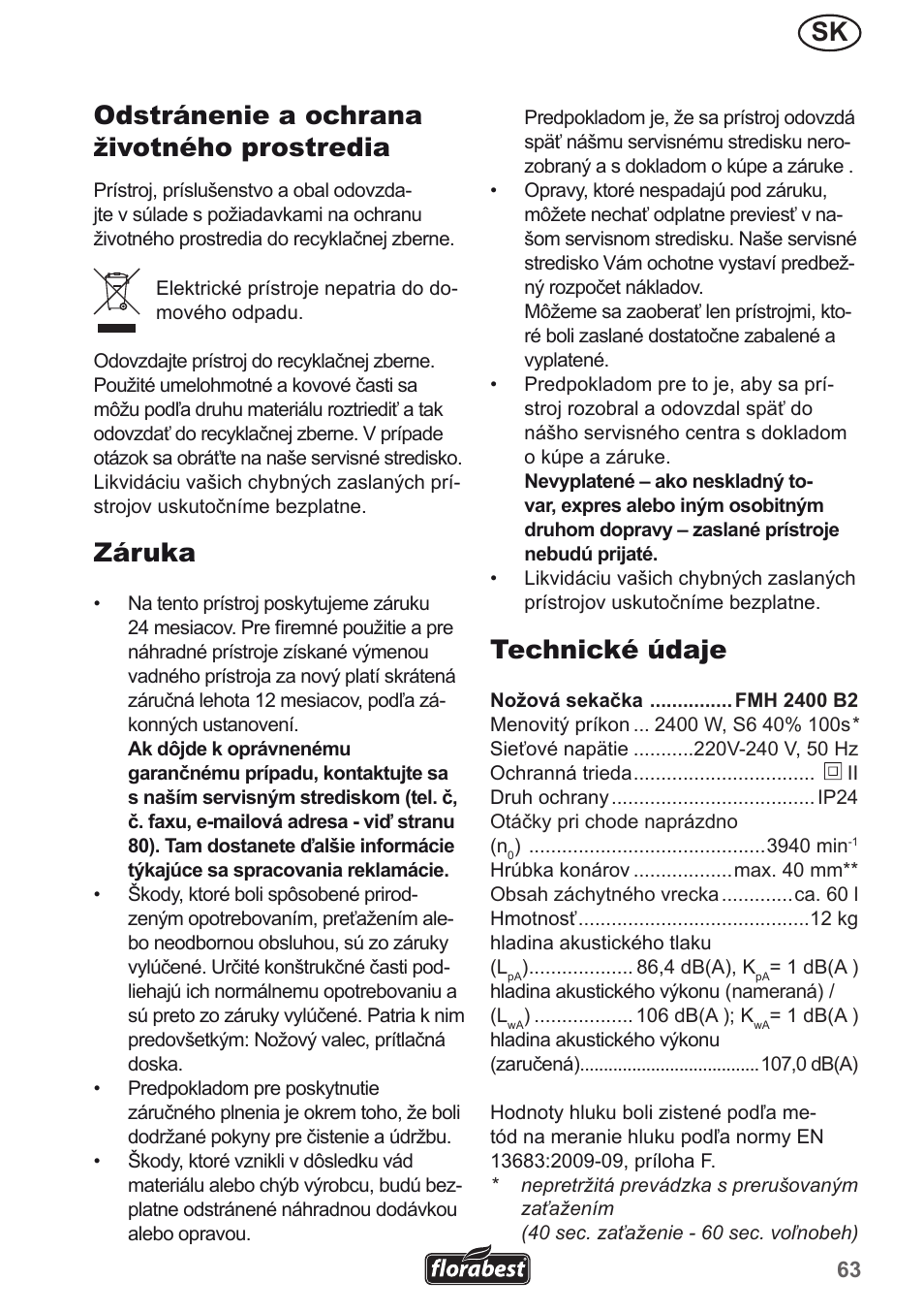 Sk odstránenie a ochrana životného prostredia, Záruka, Technické údaje | Florabest FMH 2400 B2 User Manual | Page 63 / 81
