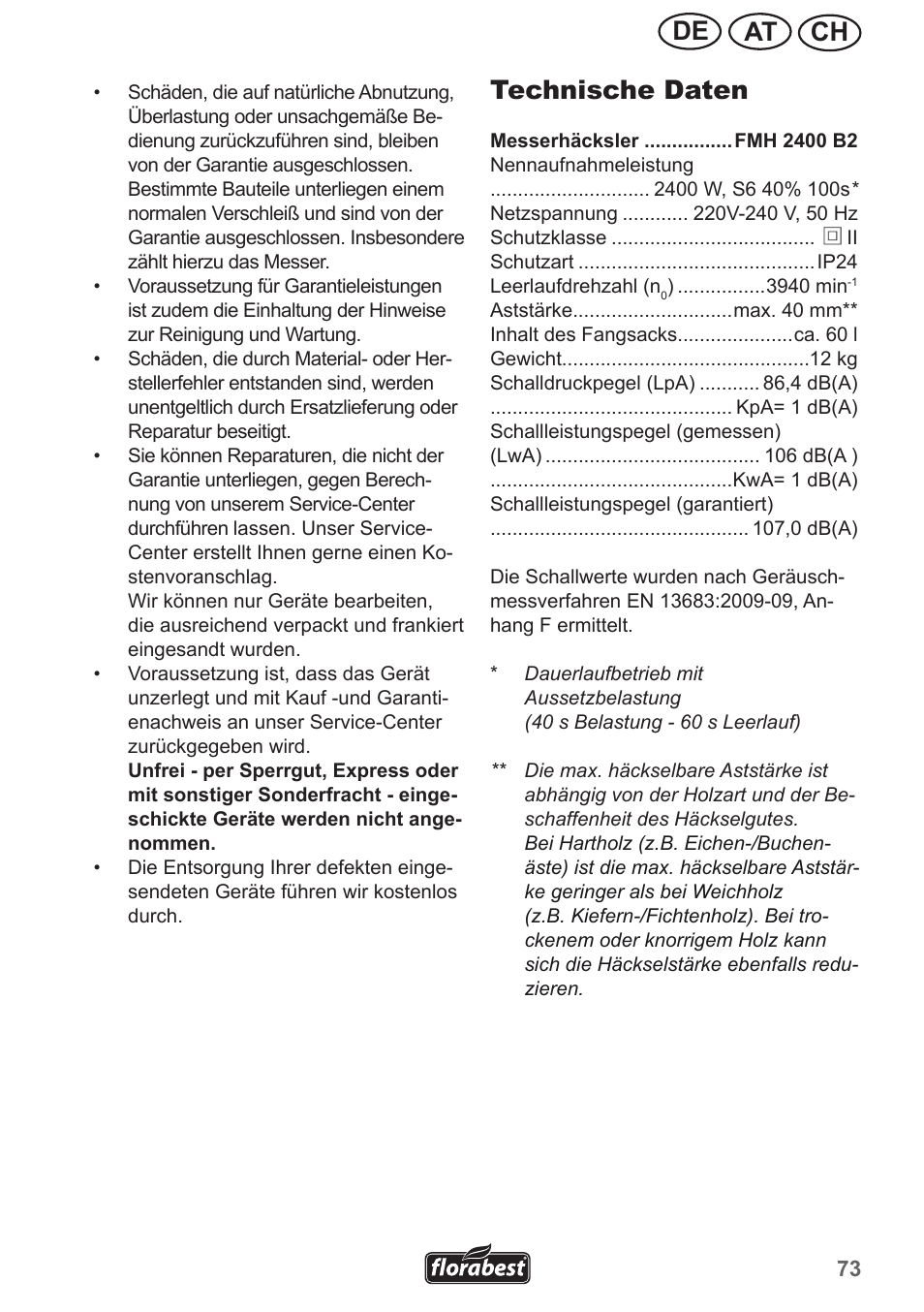 Ch at de, Technische daten | Florabest FMH 2400 B2 User Manual | Page 73 / 81