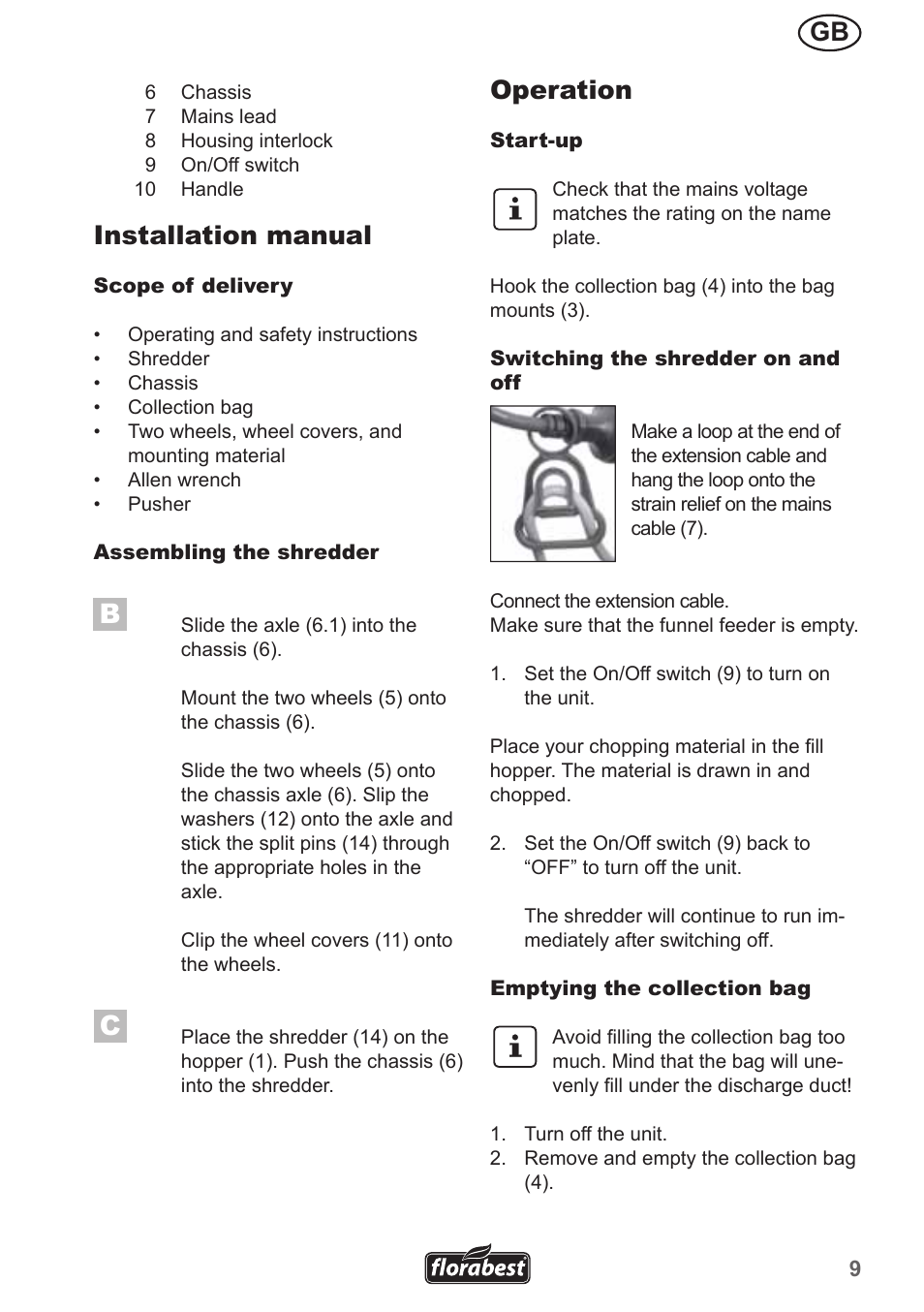 Installation manual, Operation | Florabest FMH 2400 B2 User Manual | Page 9 / 81