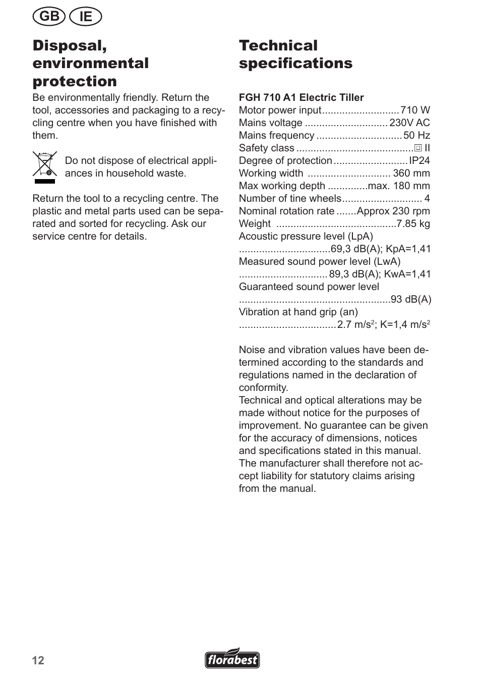 Disposal, environmental protection, Technical specifications, Ie gb | Florabest FGH 710 A1 User Manual | Page 12 / 18
