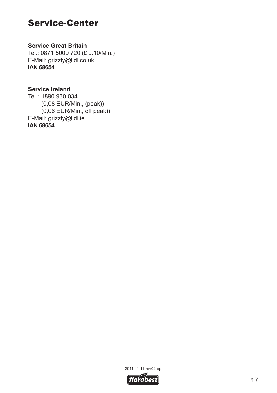 Service-center | Florabest FGH 710 A1 User Manual | Page 17 / 18
