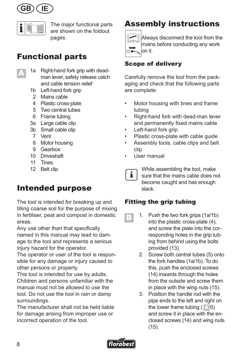 Functional parts, Intended purpose, Assembly instructions | Ie gb | Florabest FGH 710 A1 User Manual | Page 8 / 18