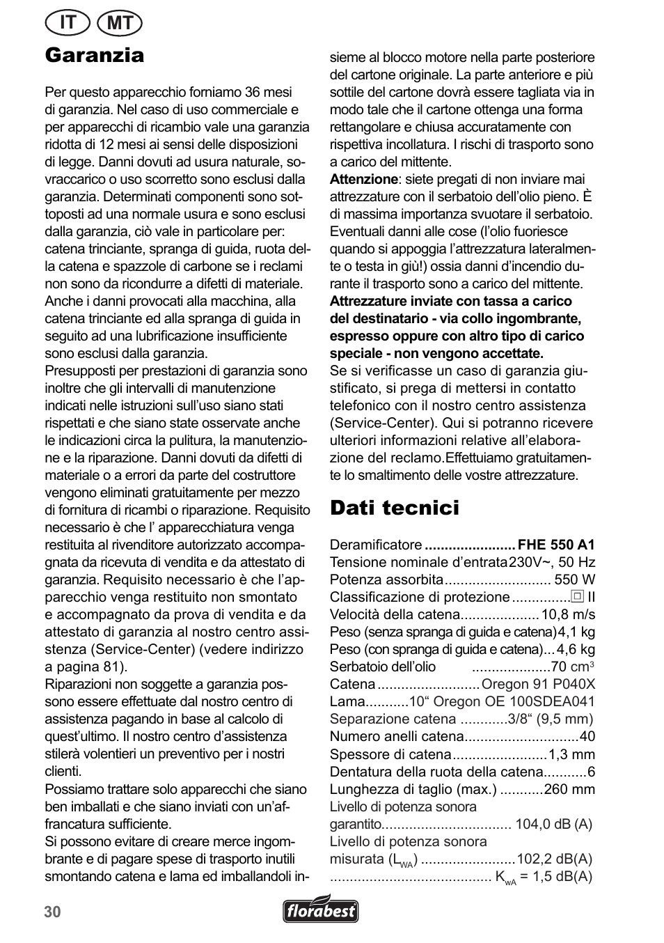 Garanzia, Dati tecnici, It mt | Florabest FHE 550 A1 User Manual | Page 30 / 82
