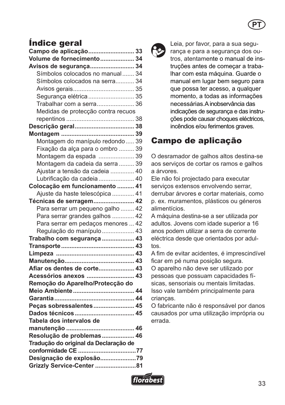 Campo de aplicação, Índice geral | Florabest FHE 550 A1 User Manual | Page 33 / 82