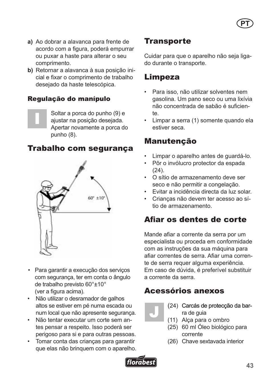 Trabalho com segurança, Transporte, Limpeza | Manutenção, Afiar os dentes de corte, Acessórios anexos | Florabest FHE 550 A1 User Manual | Page 43 / 82