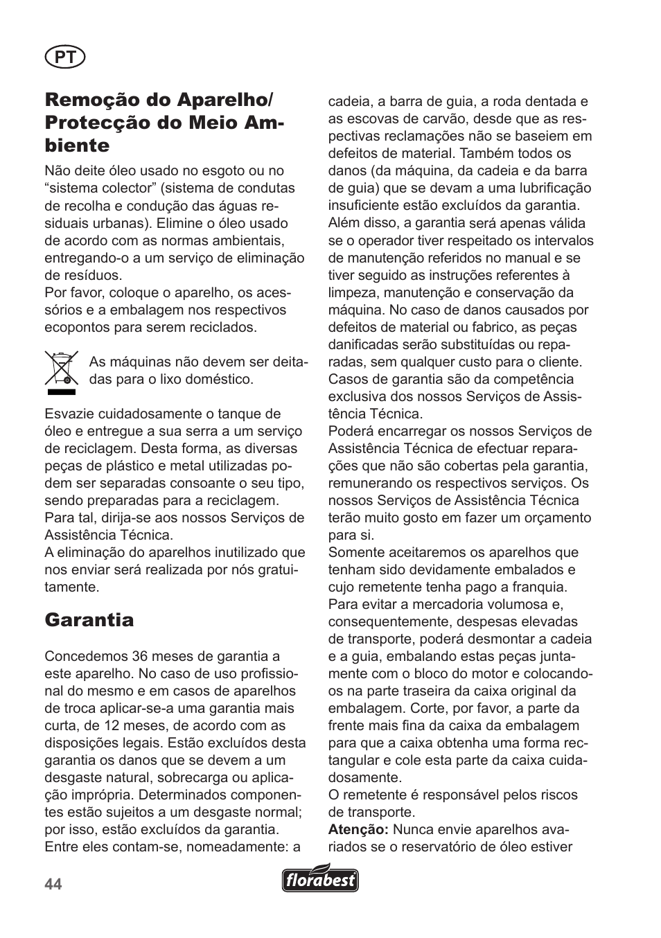 Remoção do aparelho/ protecção do meio am- biente, Garantia | Florabest FHE 550 A1 User Manual | Page 44 / 82