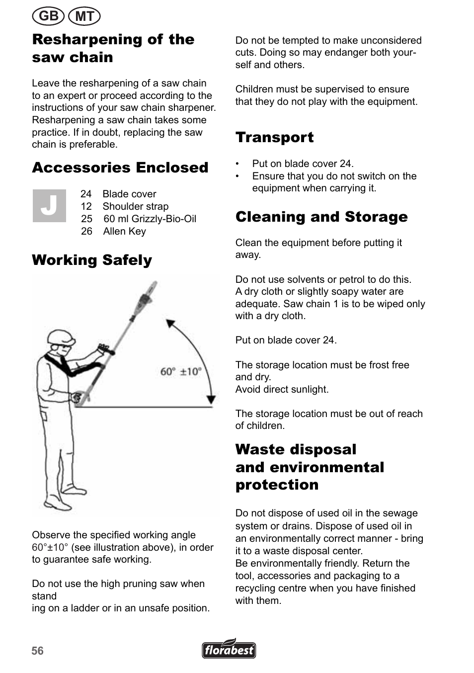 Resharpening of the saw chain, Accessories enclosed, Working safely | Transport, Cleaning and storage, Waste disposal and environmental protection, Mt gb | Florabest FHE 550 A1 User Manual | Page 56 / 82
