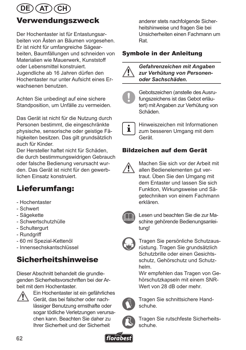 Verwendungszweck, Lieferumfang, Sicherheitshinweise | Ch at de | Florabest FHE 550 A1 User Manual | Page 62 / 82