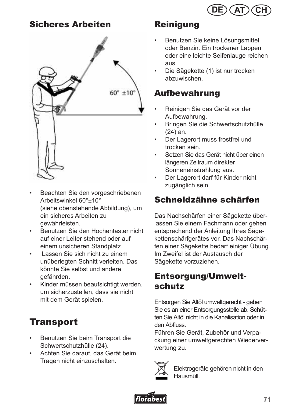 Transport, Ch at de sicheres arbeiten, Reinigung | Aufbewahrung, Schneidzähne schärfen, Entsorgung/umwelt- schutz | Florabest FHE 550 A1 User Manual | Page 71 / 82