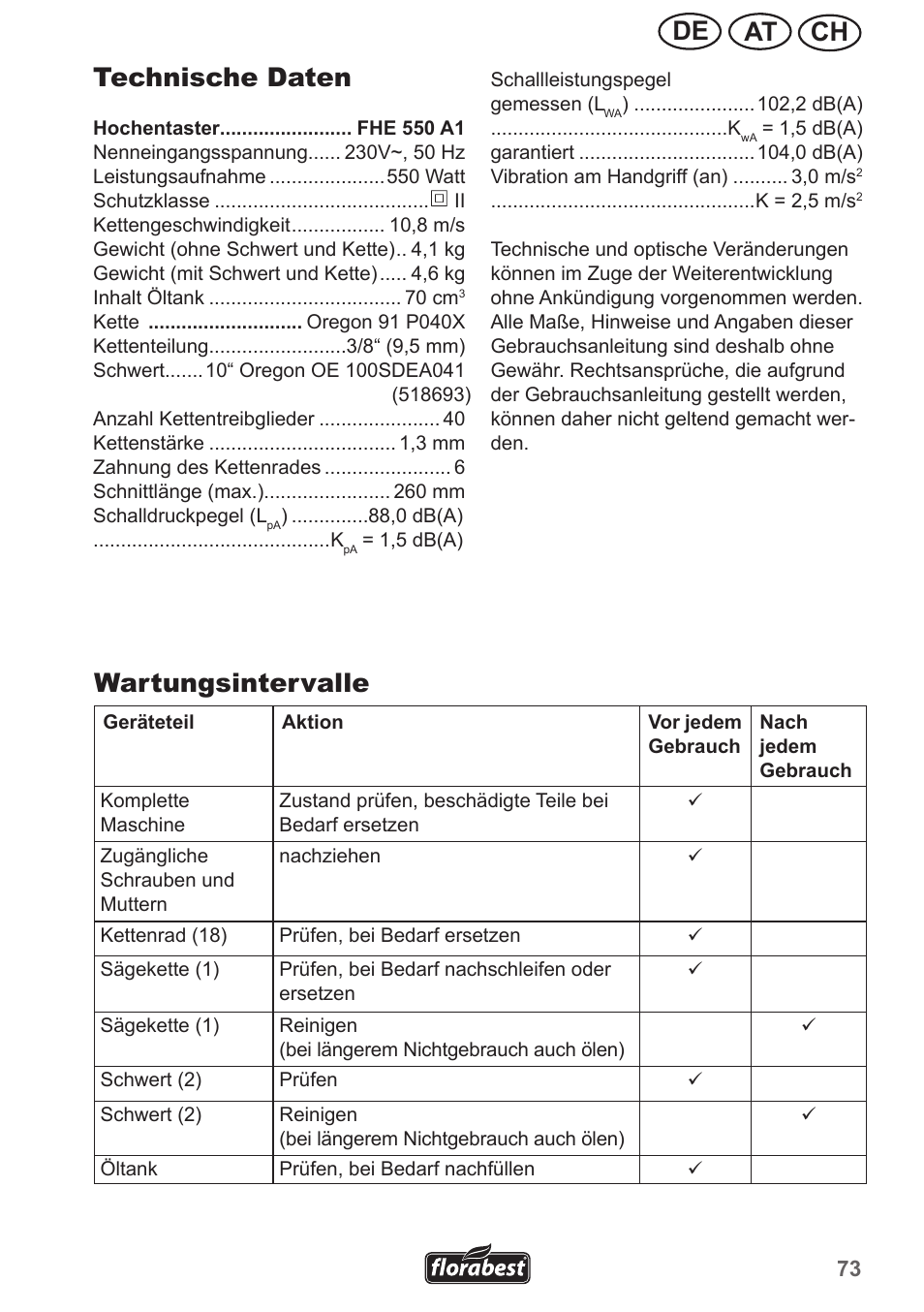 Ch at de technische daten, Wartungsintervalle | Florabest FHE 550 A1 User Manual | Page 73 / 82
