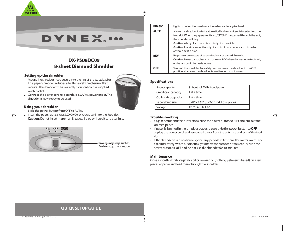 Dynex 8-SHEET DIAMOND SHREDDER DX-PS08DC09 User Manual | 2 pages